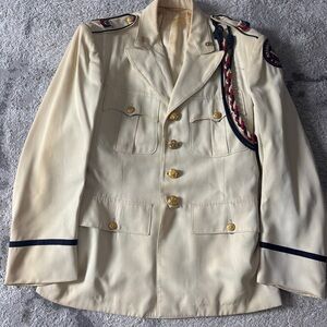 Vintage Cream Military-Style Men's Jacket with Navy Trim and Gold Buttons